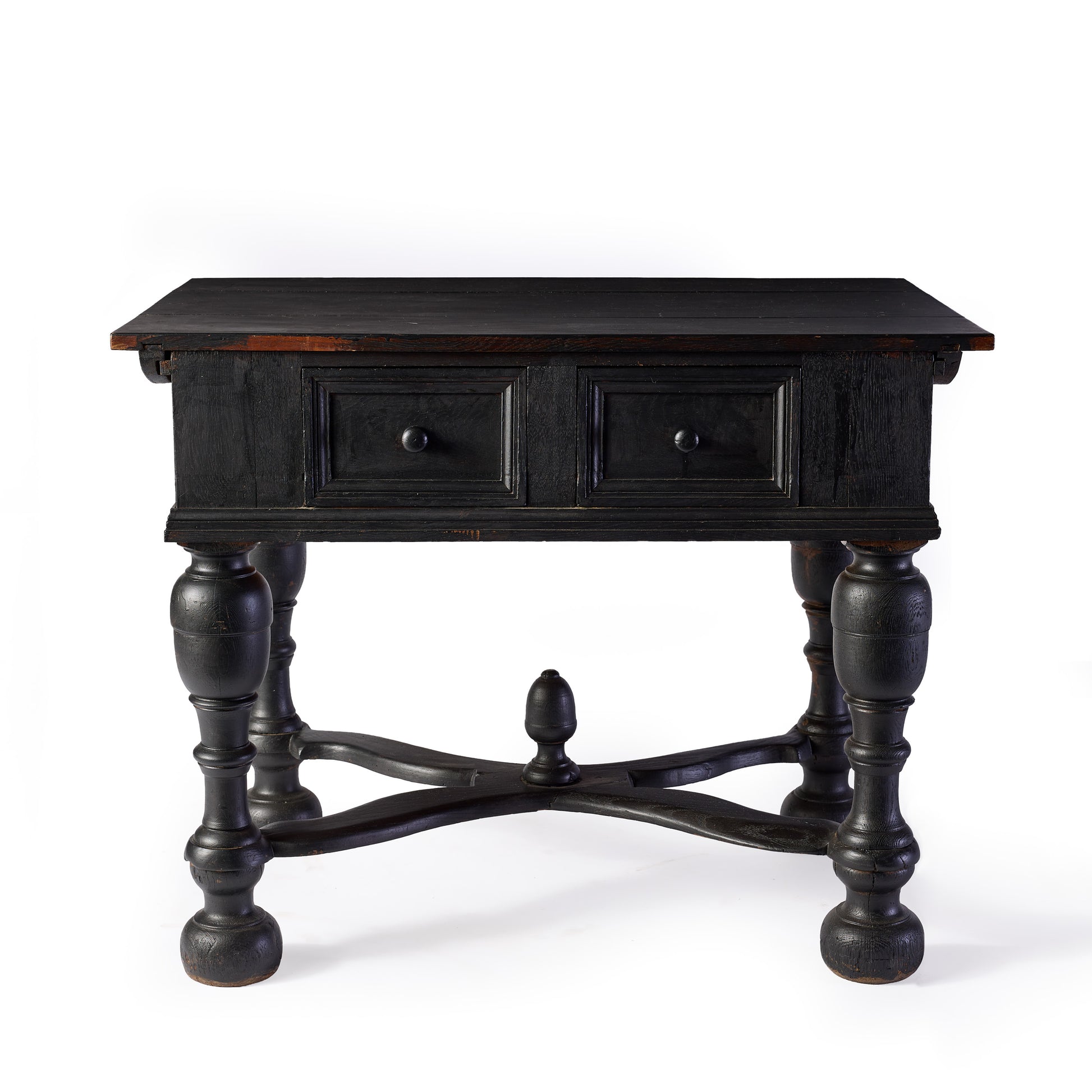 Black ebonized wood console table with two drawers, turned legs, and a decorative cross-stretcher base.
