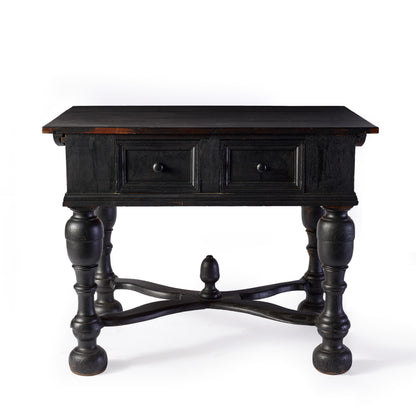Black ebonized wood console table with two drawers, turned legs, and a decorative cross-stretcher base.