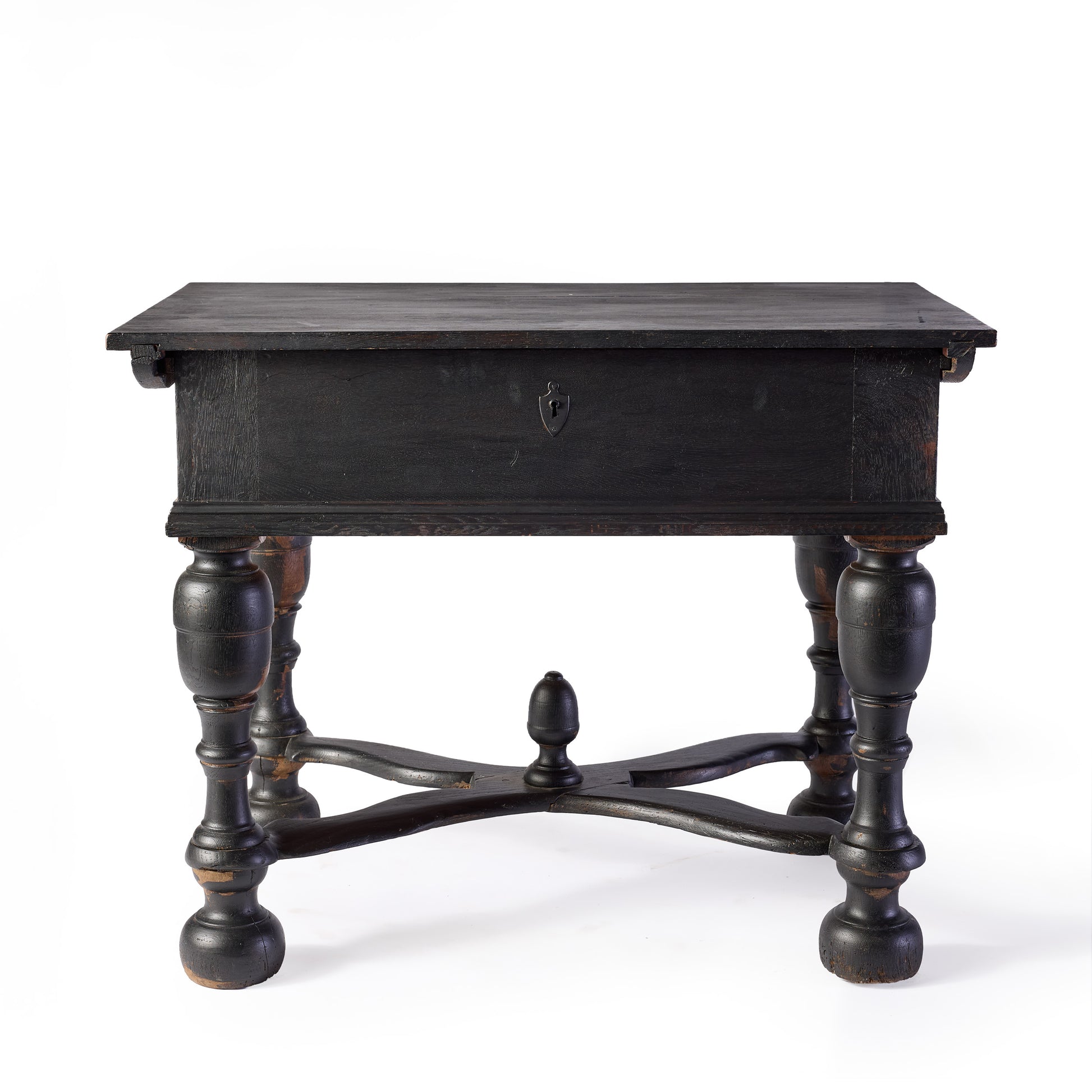 Ebonized black wood console table with carved legs, cross supports, and a central decorative knob.