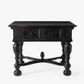 Ebonized black wood console table with two drawers, turned legs, and a decorative cross-stretcher with a central knob.