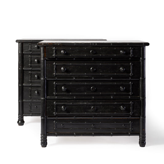 Pair of 1920s Parisian black ebonized dressers with faux bamboo carved detailing and five drawers each.
