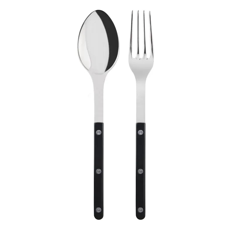 Black Bistro 2-piece serving set: 10.25" 18/10 stainless steel spoon and fork with black acrylic handles.