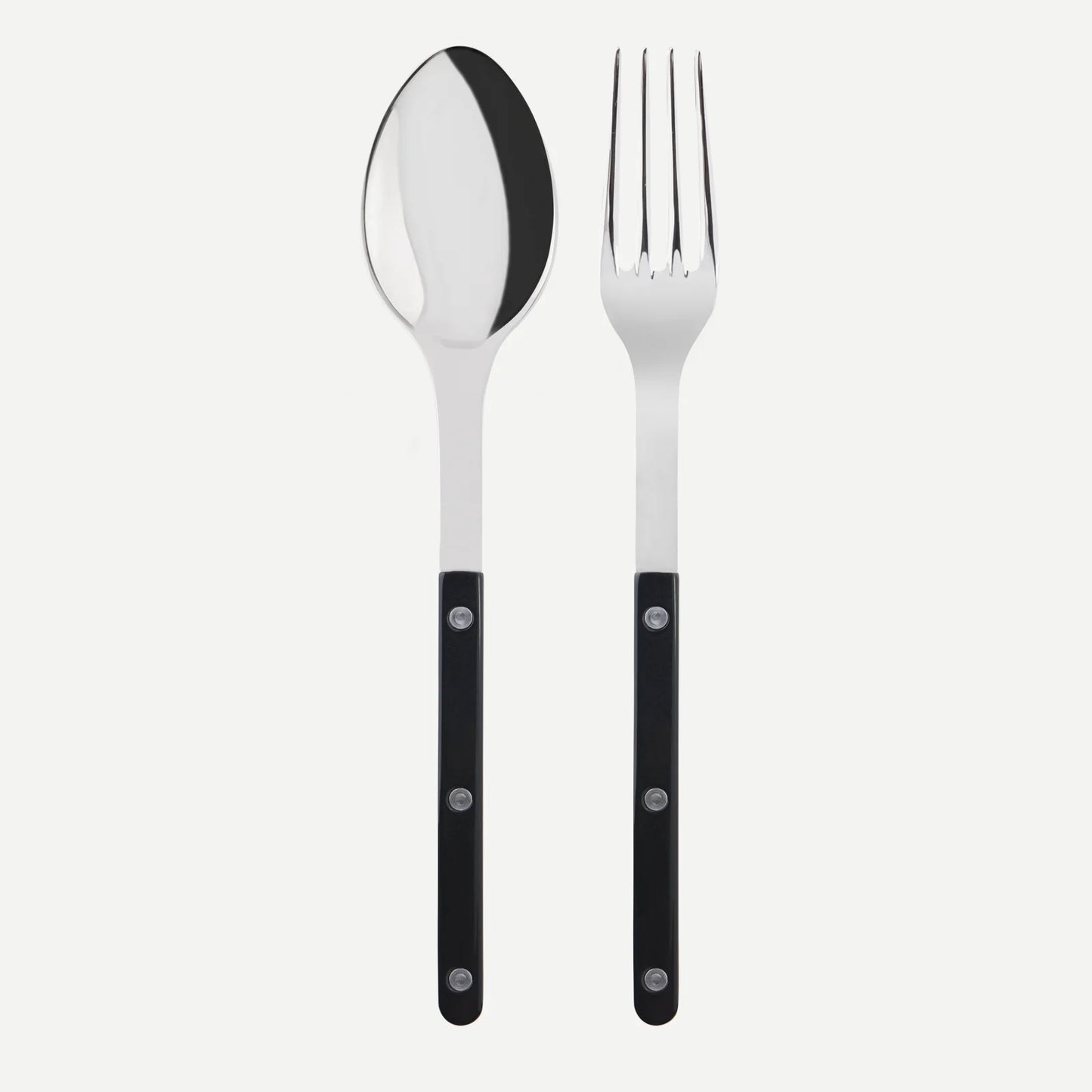 Black Bistro 2-piece serving set: 10.25" stainless steel spoon and fork with black acrylic handles.