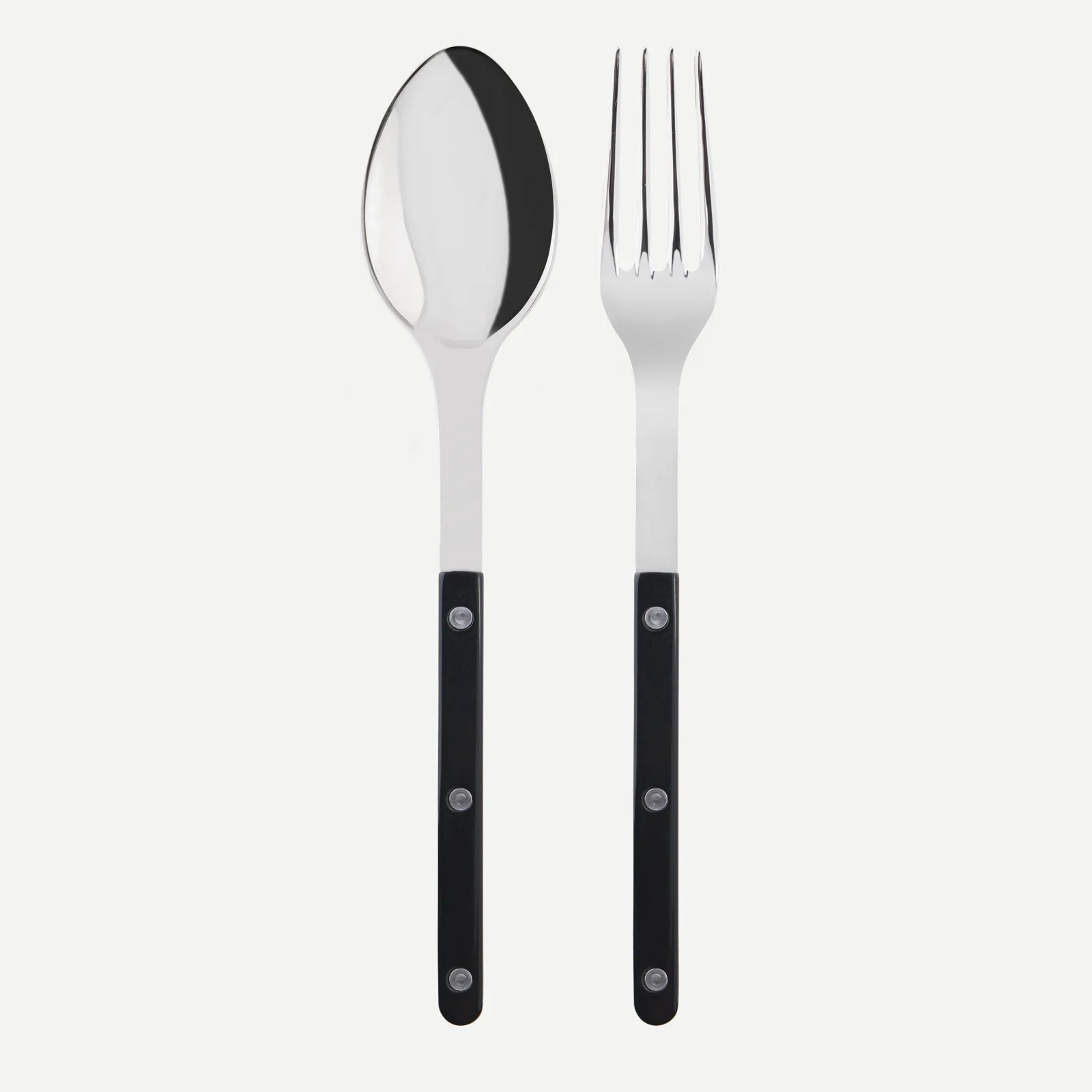 Black Bistro 2-piece serving set: 10.25" stainless steel spoon and fork with black acrylic handles.