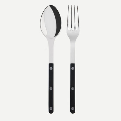 Black Bistro 2-piece serving set: 10.25" stainless steel spoon and fork with black acrylic handles.