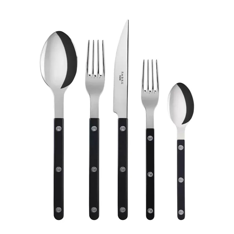 Black Bistro 5-piece flatware set with stainless steel and black acrylic handles.