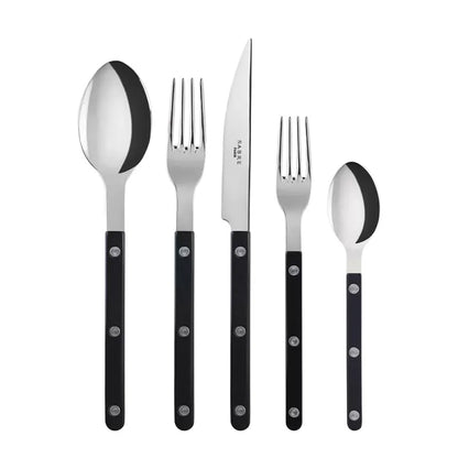 Black Bistro 5-piece flatware set with stainless steel and black acrylic handles.