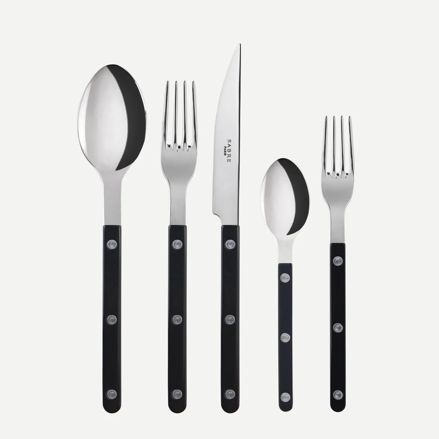 Black Bistro 5-piece flatware set with 18/10 stainless steel and black acrylic handles.