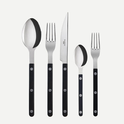 Black Bistro 5-piece flatware set with 18/10 stainless steel and black acrylic handles.