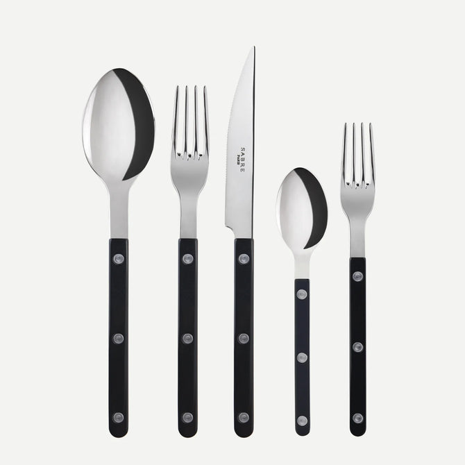 Black Bistro 5-piece flatware set with 18/10 stainless steel and black acrylic handles.