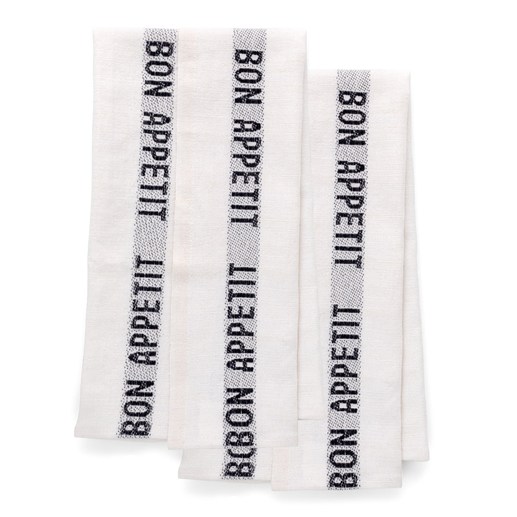 Set of 2 white linen "Bon Appetit" hand towels with black vertical stripe design.