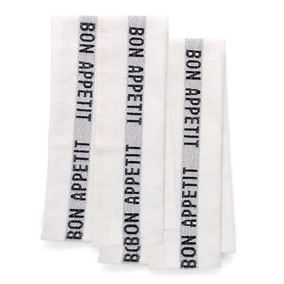 Set of 2 white linen "Bon Appetit" hand towels with black vertical stripe design.