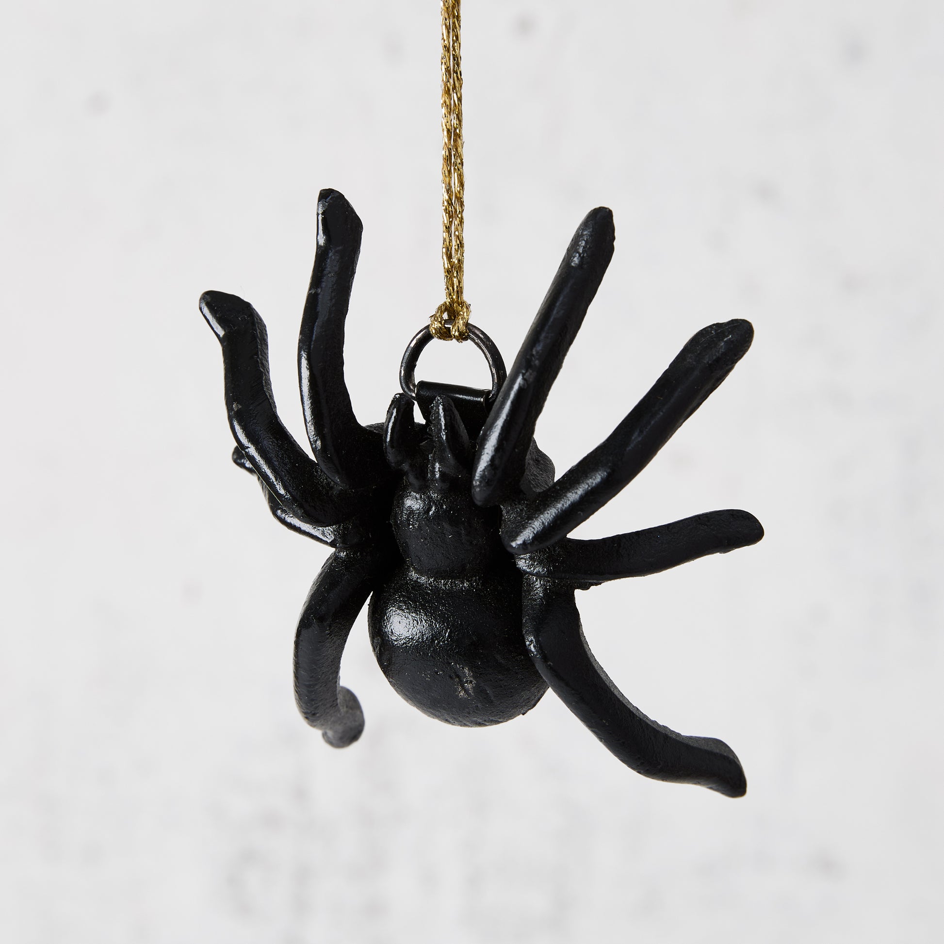 Black cast iron decorative spider, 3"L x 3.5"W, hanging by a gold string.