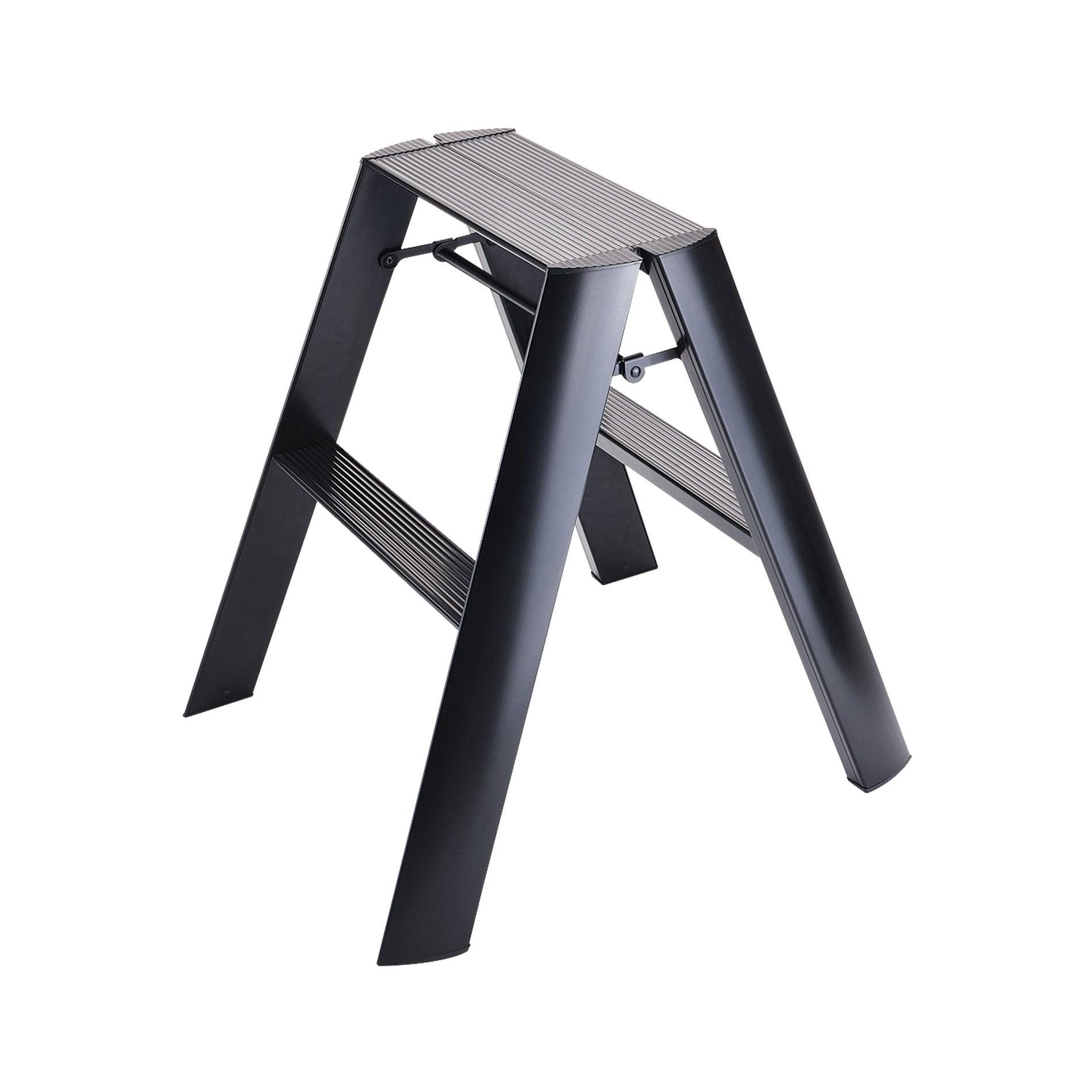 Black Lucano Hasegawa 2-step lightweight ladder, aluminum and steel with matte finish, grooved treads.
