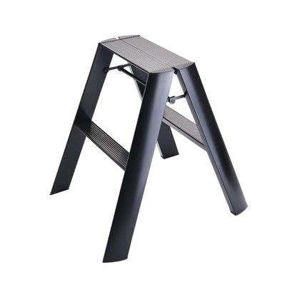 Black Lucano Hasegawa 2-step lightweight ladder, aluminum and steel with matte finish, grooved treads.