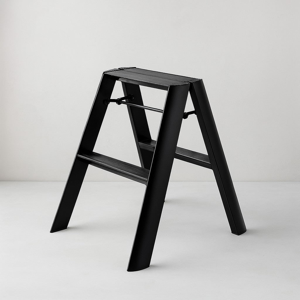 Black Lucano Hasegawa 2-step lightweight aluminum and steel ladder with matte finish and grooved treads.