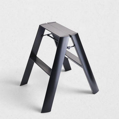 Hudson Grace black Hasegawa Lucano 2-step ladder with a matte finish, grooved treads, and a slim folding design.
