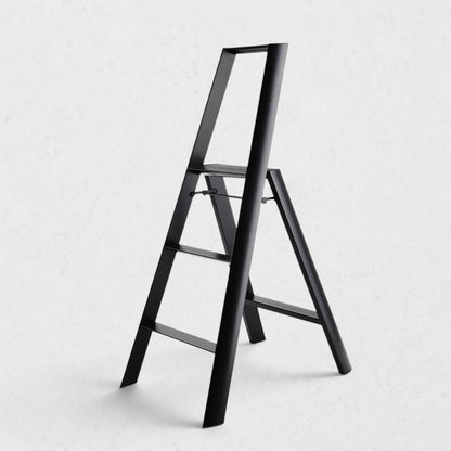 Hudson Grace Hasegawa Lucano 3-step ladder in matte black aluminum and steel with a minimalist folding design.