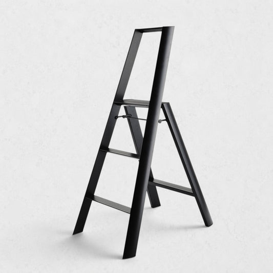 Hudson Grace Hasegawa Lucano 3-step ladder in matte black aluminum and steel with a minimalist folding design.