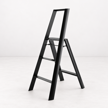 Black Hasegawa Lucano 3-step ladder in matte black aluminum and steel with a minimalist design and safety bar.