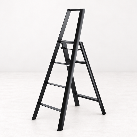 Black Hasegawa Lucano 4-step ladder in matte black aluminum and steel with a minimalist design and safety bar.