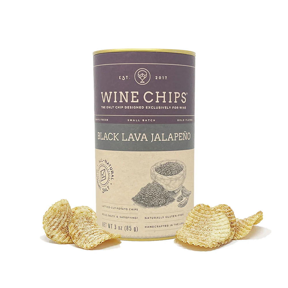 3oz Wine Chips Black Lava Jalapeño, a purple and kraft paper tube with lattice-cut potato chips scattered around.
