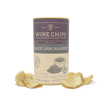3oz Wine Chips Black Lava Jalapeño, a purple and kraft paper tube with lattice-cut potato chips scattered around.
