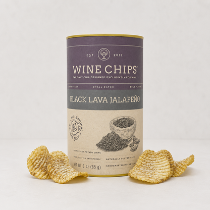 Can of Wine Chips Black Lava Jalapeno with chips on a light gray background