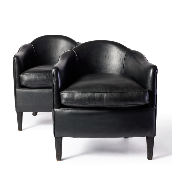Black Leather Vintage Club Armchairs, Set of 2