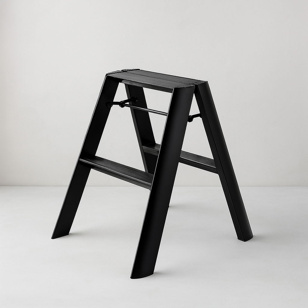 Black Lucano Hasegawa 2-step lightweight aluminum and steel ladder with matte finish and grooved treads.