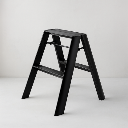 Black Lucano Hasegawa 2-step lightweight aluminum and steel ladder with matte finish and grooved treads.