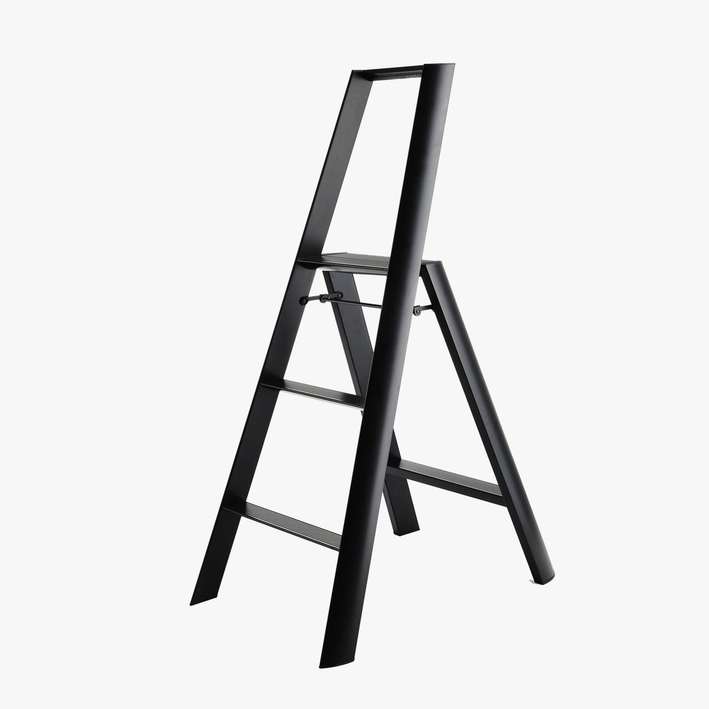 Black Lucano Hasegawa 3-step lightweight aluminum and steel ladder with matte finish and grooved treads.