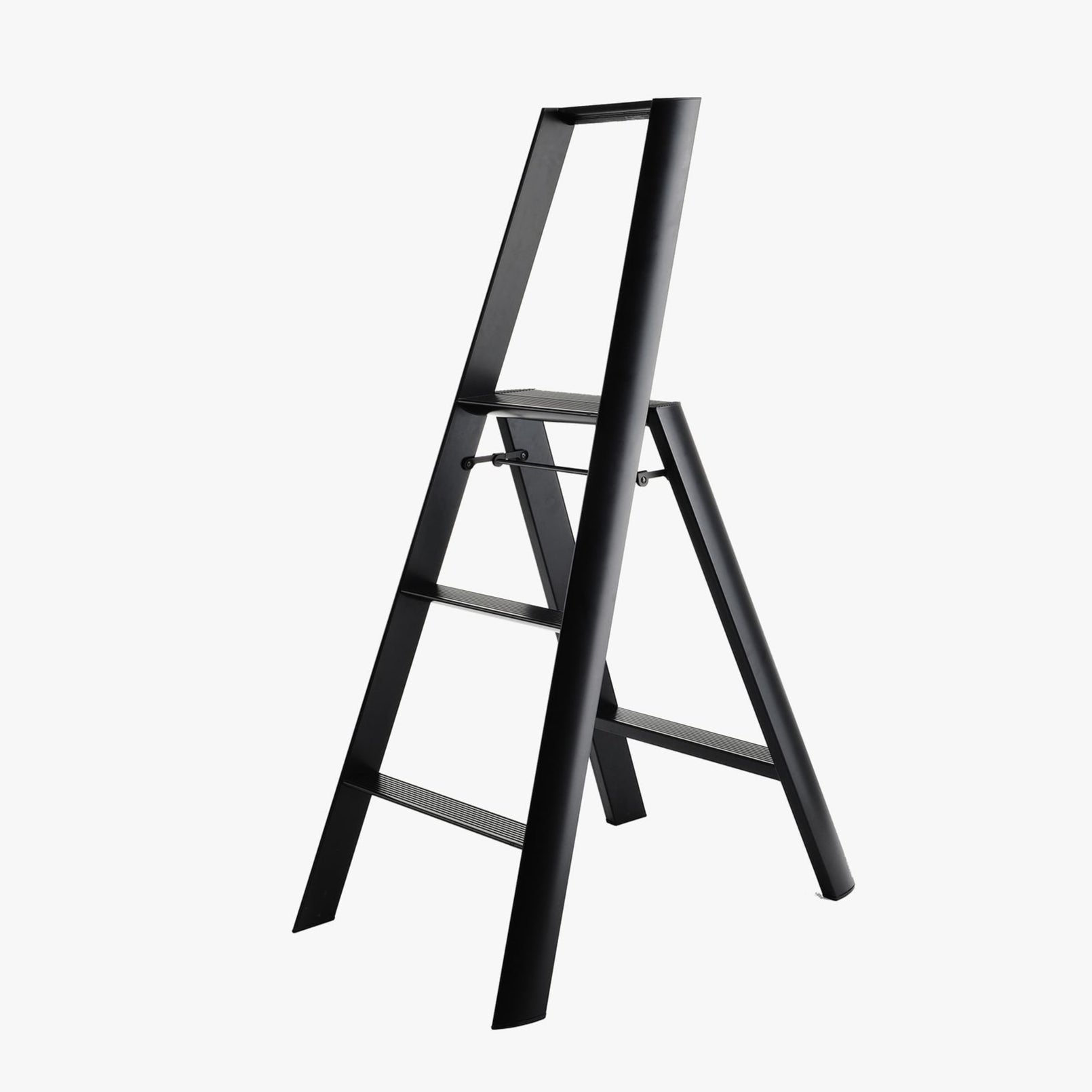 Black Lucano Hasegawa 3-step lightweight aluminum and steel ladder with matte finish and grooved treads.