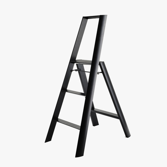 Black Lucano Hasegawa 3-step lightweight aluminum and steel ladder with matte finish and grooved treads.