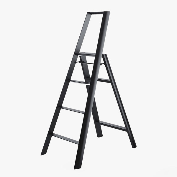 Black Lucano Hasegawa 4-step lightweight aluminum and steel ladder with matte finish and grooved treads.
