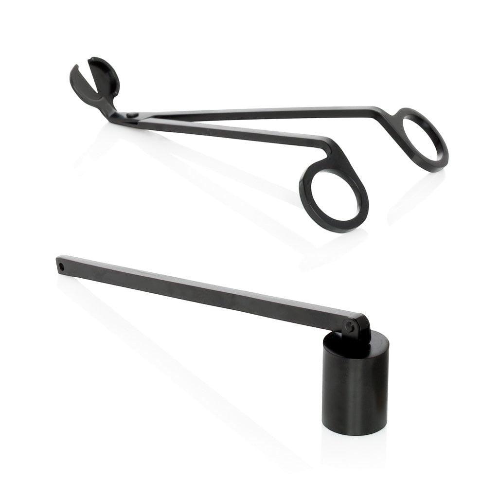 Black matte metal candle wick trimmer and snuffer set.