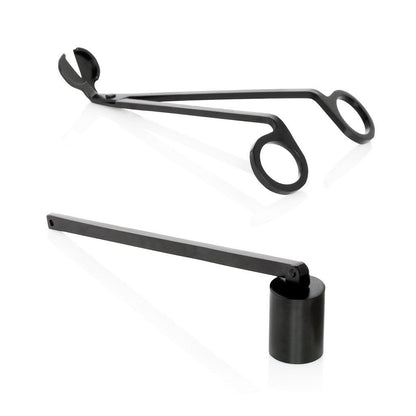 Black matte metal candle wick trimmer and snuffer set.