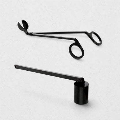 Black matte metal candle wick trimmer and snuffer set. Trimmer is 6.5" long, snuffer is 7.5" long.