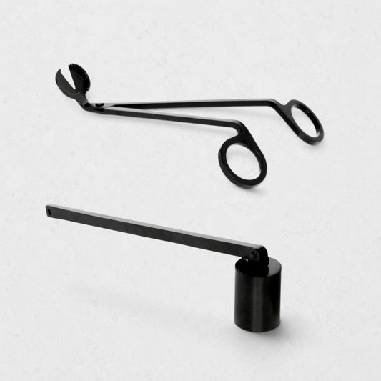 Black matte metal candle wick trimmer and snuffer set. Trimmer is 6.5" long, snuffer is 7.5" long.