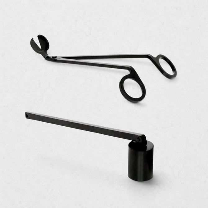 Black matte metal candle wick trimmer and snuffer set. Trimmer is 6.5" long, snuffer is 7.5" long.