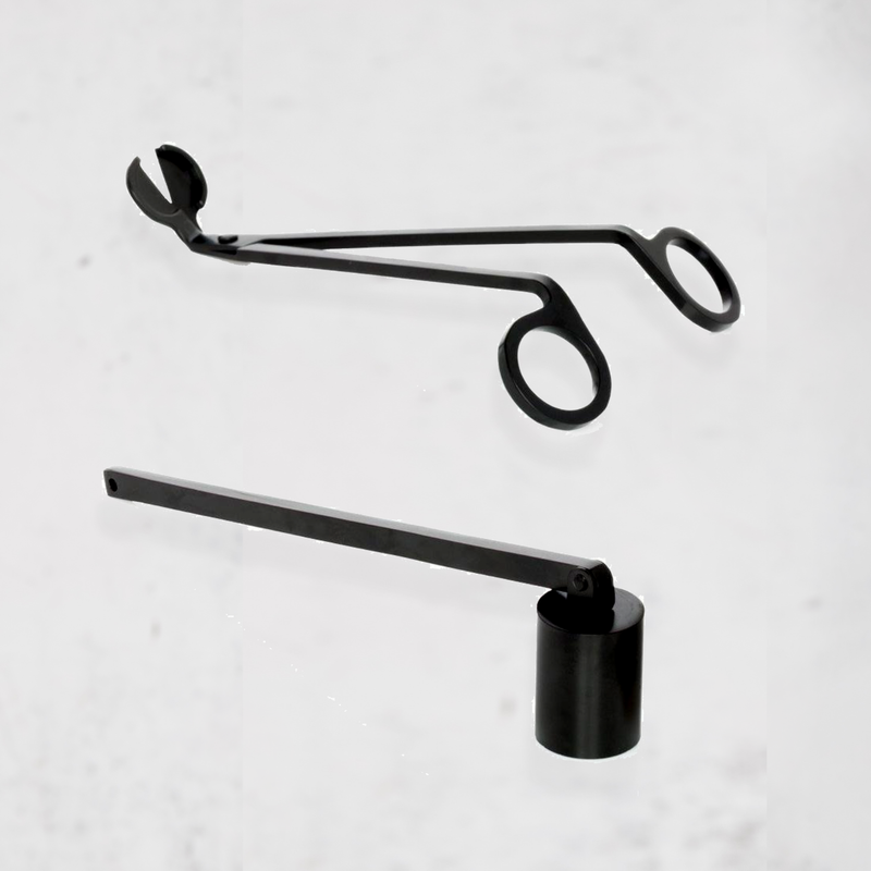 Black matte metal candle wick trimmer and snuffer set. Trimmer is 6.5" long, snuffer is 7.5" long.