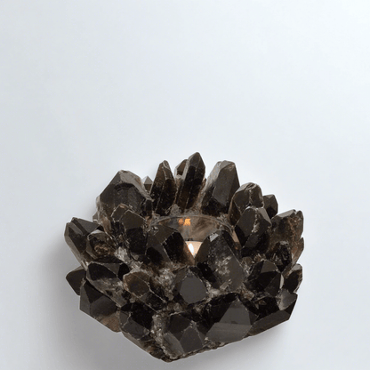 Black petite genuine quartz crystal votive candle holder, 5"Dia x 3"H, with raw, unrefined elegance.