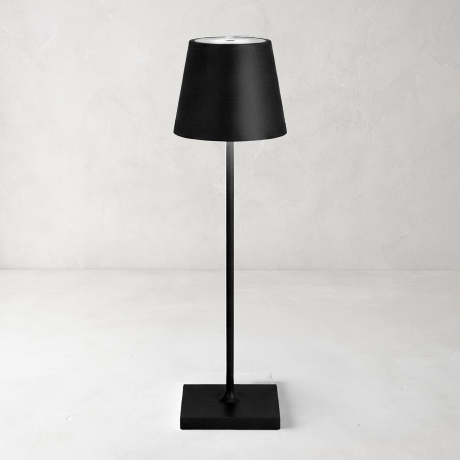 Black Poldina Pro rechargeable LED lamp with a sleek, modern design and conical shade.