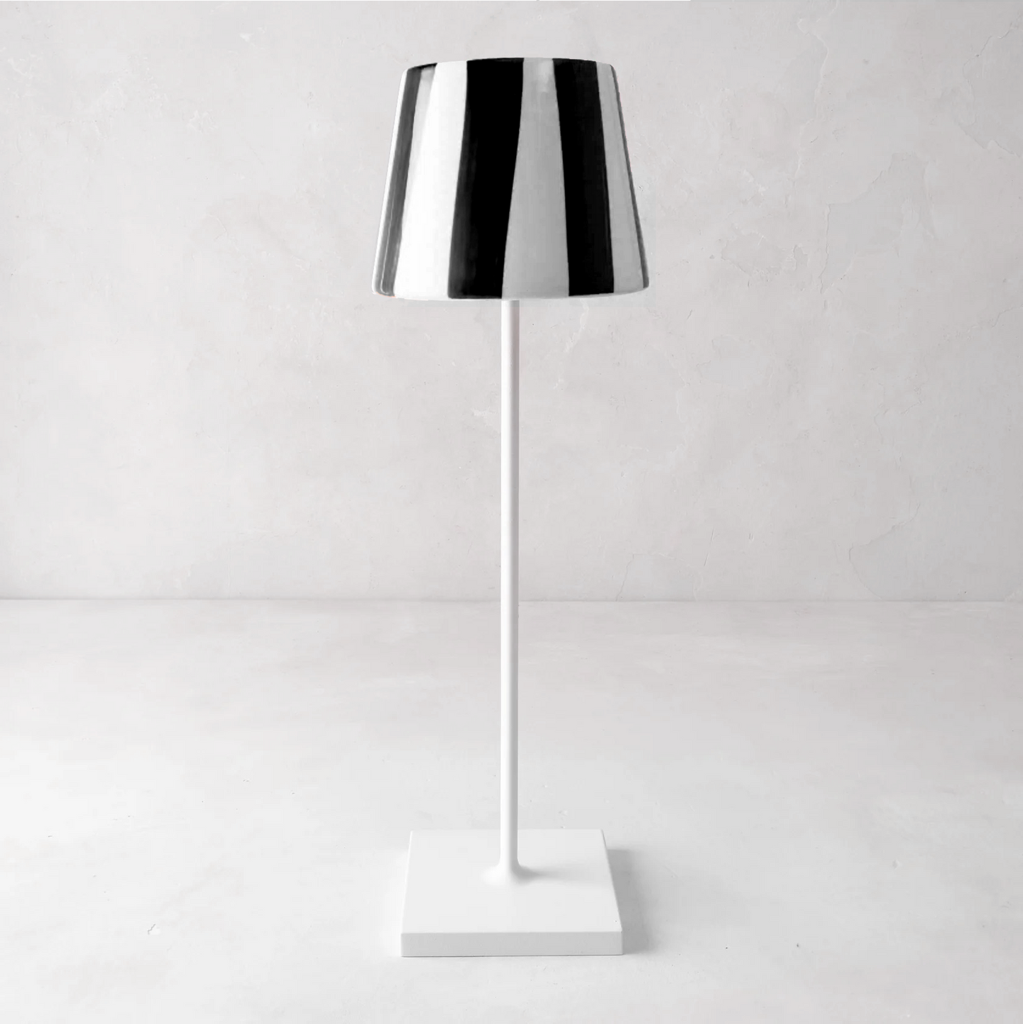 Black stripe removable ceramic lamp shade, 4.5"Dia x 4.5"H, on a white lamp base.