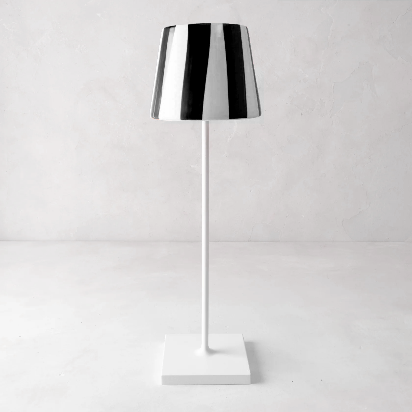 Black stripe removable ceramic lamp shade, 4.5"Dia x 4.5"H, on a white lamp base.