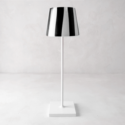 Black stripe removable ceramic lamp shade, 4.5"Dia x 4.5"H, on a white lamp base.