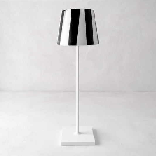 Black stripe removable ceramic lamp shade, 4.5"Dia x 4.5"H, on a white lamp base.