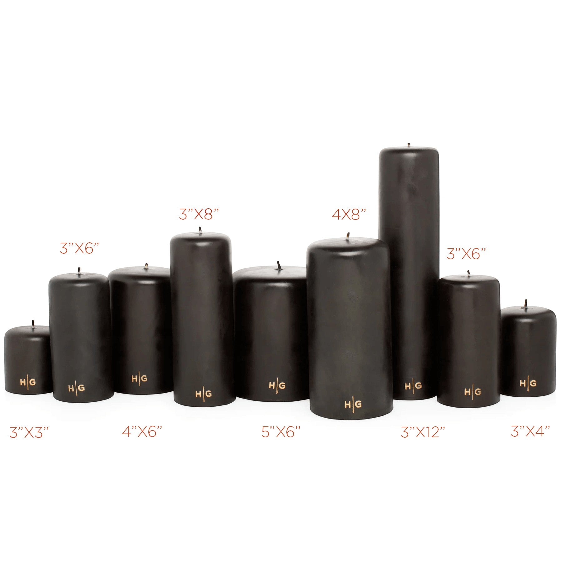 HG Black Unscented Pillar Candles in various sizes, hand-dipped paraffin with gold HG logo.