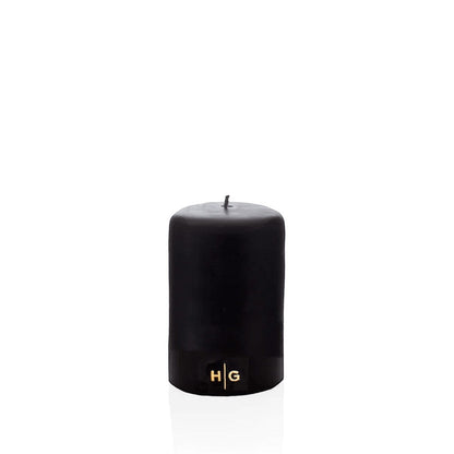 HG Black Unscented Pillar Candle, 3"x4", with gold embossed HG logo.