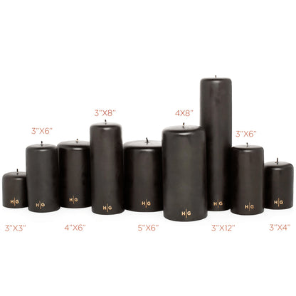 HG Black Unscented Pillar Candle, 3"x6", hand-dipped paraffin with gold HG logo.
